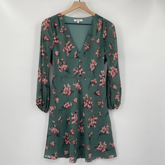 Madewell Dress Fit & Flare Mini Floral Print Vneck Quarter Sleeve Green Womens 4 - Picture 2 of 8